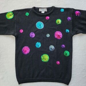 Vintage 80s 100% Wool Sweater Womens Large Petite Sequin Polka Dot Party Holiday